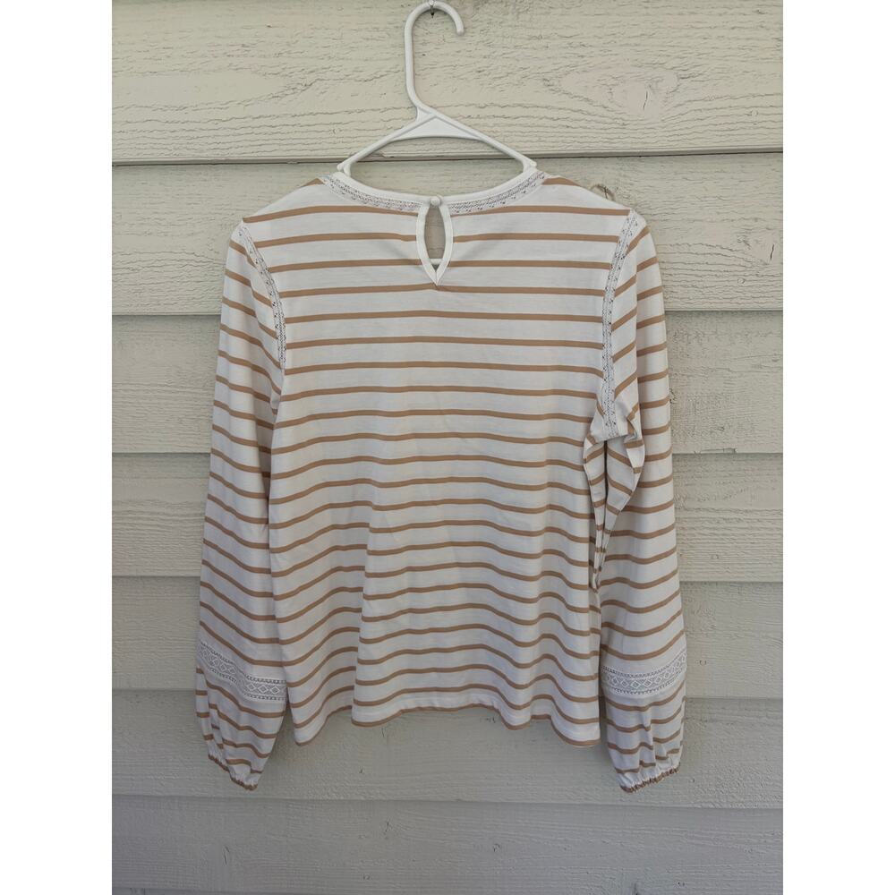 Talbots Striped Long Sleeve Top | Size S| NWT | White & Tan Lace Trim Blouse - Picture 5 of 6
